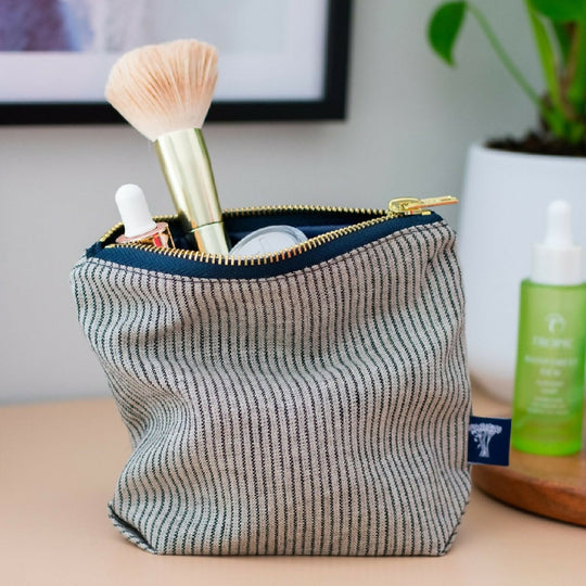 Striped Blue/Natural Linen MakeUp Bag
