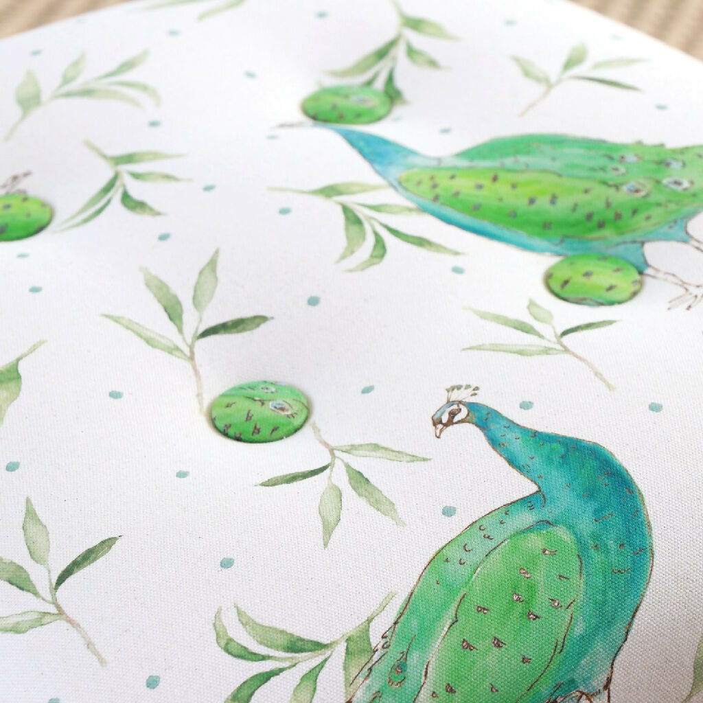 Natural Organic Olive and Dot Peacock Upholstered Footstool