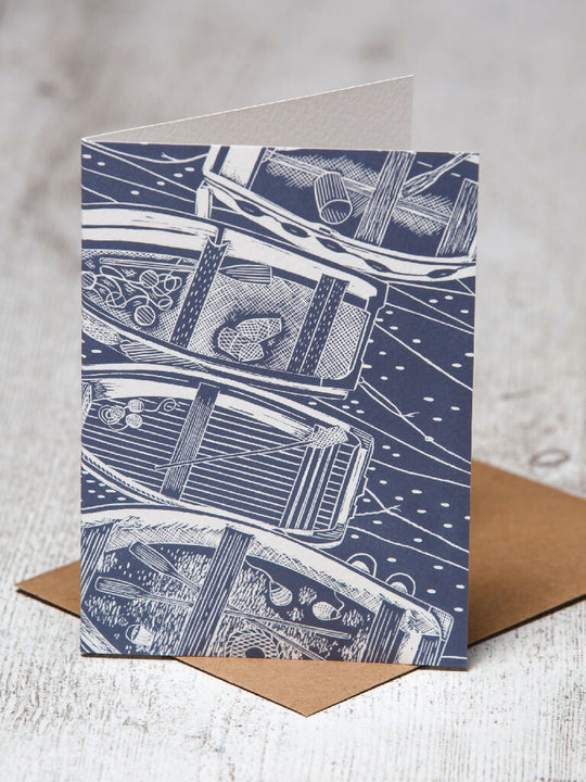 Four Boats From Above, A6 Lino Print Greeting Card