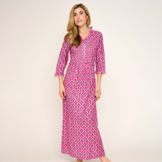 Cotton Annabel Maxi Dress in Pink & Green Moroccan