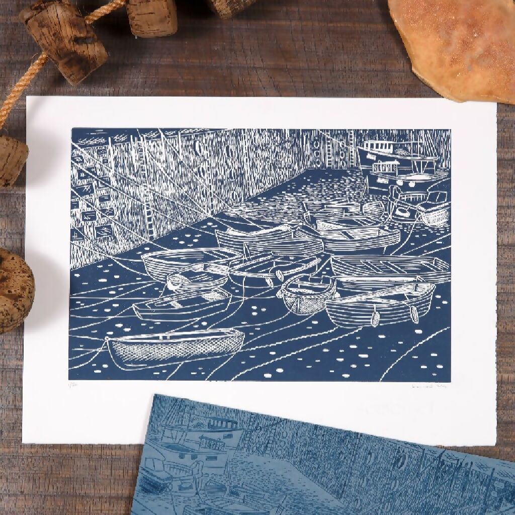 Low Tide Mevagissey, Limited Edition Lino Print