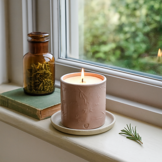 Lino print Botanical Candle Pot with Refill - Blush Pink