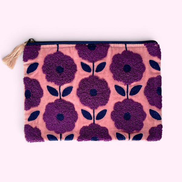 Embroidered Velvet Make Up Bag | Everyday Pouch | Purple and Blue Pop Flower