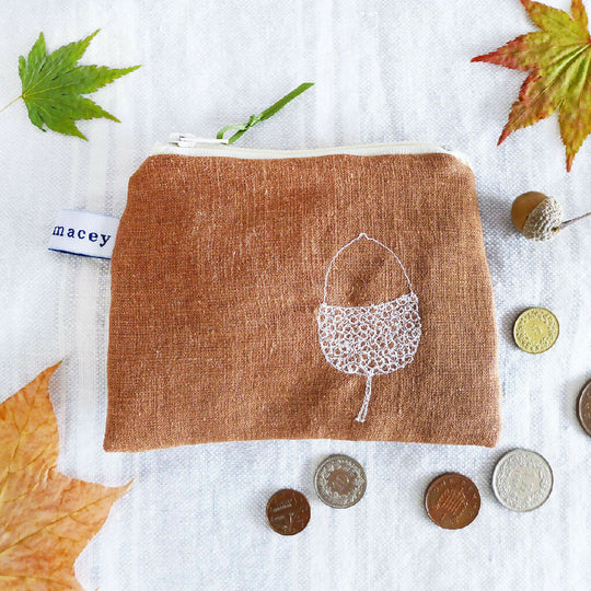 Embroidered Nutmeg Linen Acorn Purse