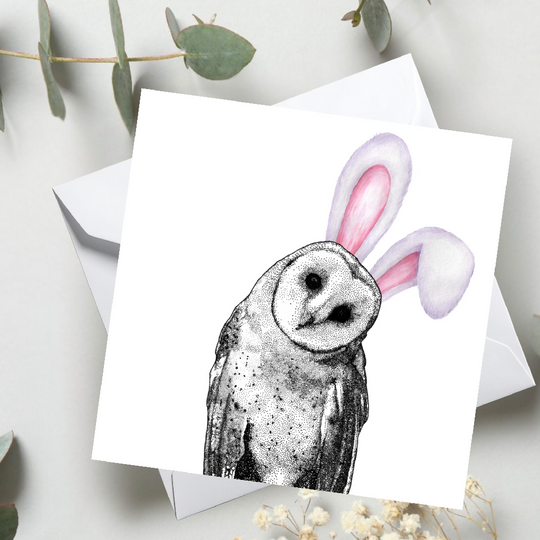 Bunny Ears Owl Card – Spring Greeting, Nature Lover Card