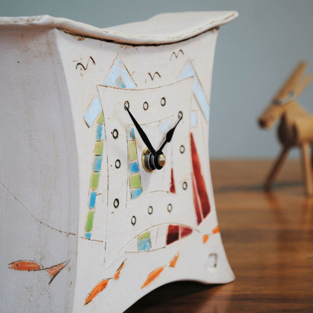 Nautical Ceramic Clock With Beach Huts and Fish