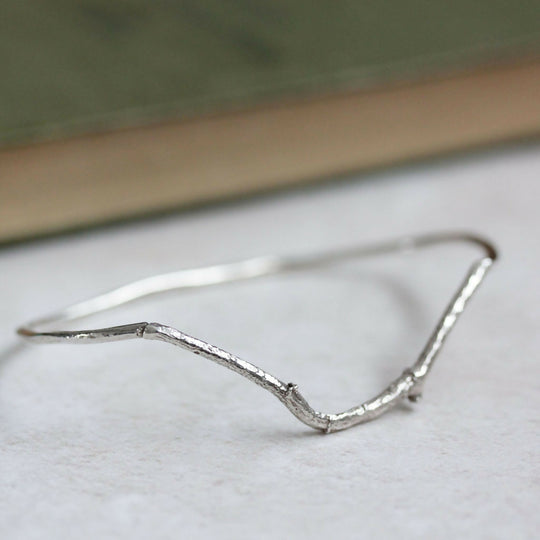 Sterling Silver Curved Twig Bangle | Handmade Nature-Inspired Bracelet