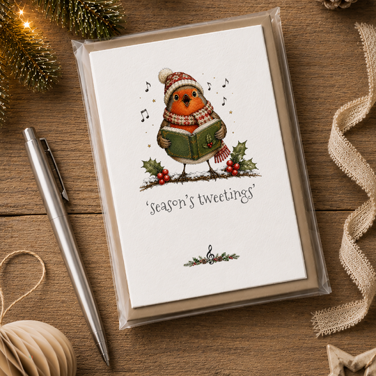 Pack of 5, Robin Season's Tweetings, wildflower seed plantable Christmas cards