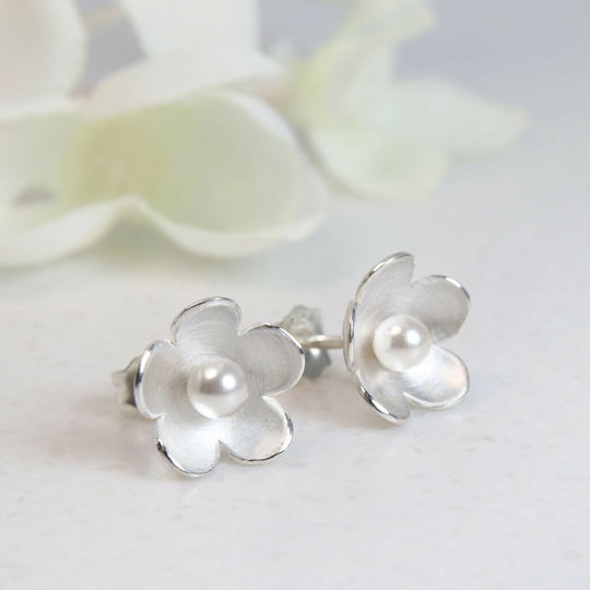 Silver and pearl blossom stud earrings
