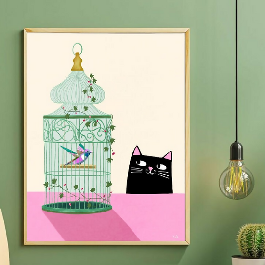 Cat And Hummingbird Print