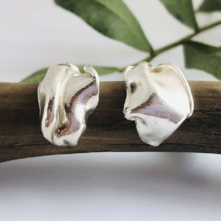 Silver leaf inspired small huggie earrings