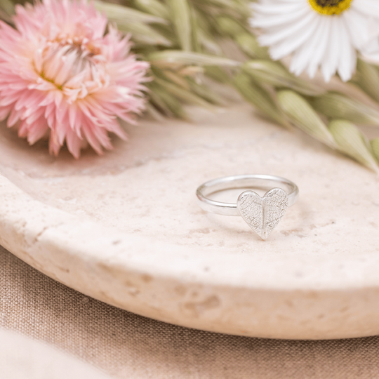 Silver Leaf Print Heart Ring