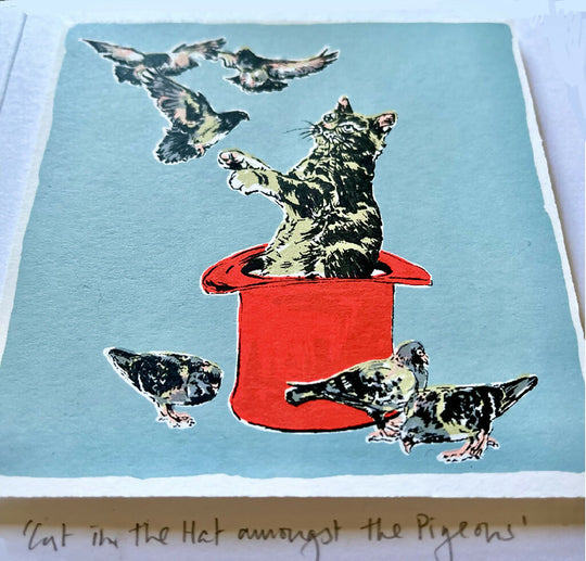 Cat in the Hat amongst the Pigeons Hand Screenprinted Card