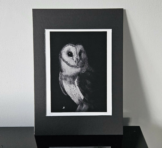 Haunting Grace - mounted barn owl art print, A4 size, black and white