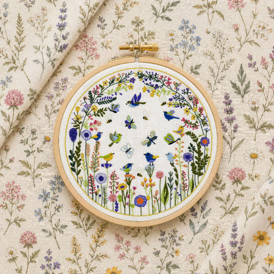 Pollinator Party Hand Embroidery Kit with Pre Printed Fabric and Colour Pattern