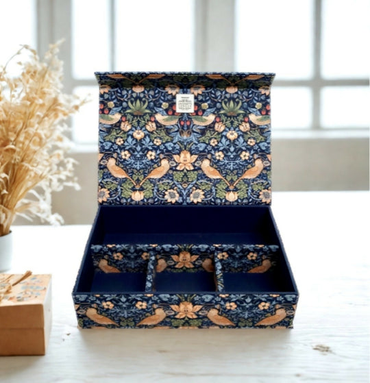 William Morris Strawberry Thief Blue Trinket Box | Handmade Fabric Organiser | Arts and Crafts Movement Gift | Jewellery, Sewing, Stationery Storage Box