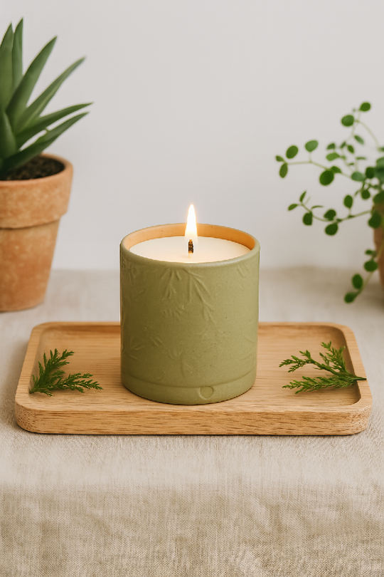 Lino print Botanical Candle Pot with Refill - Olive Green