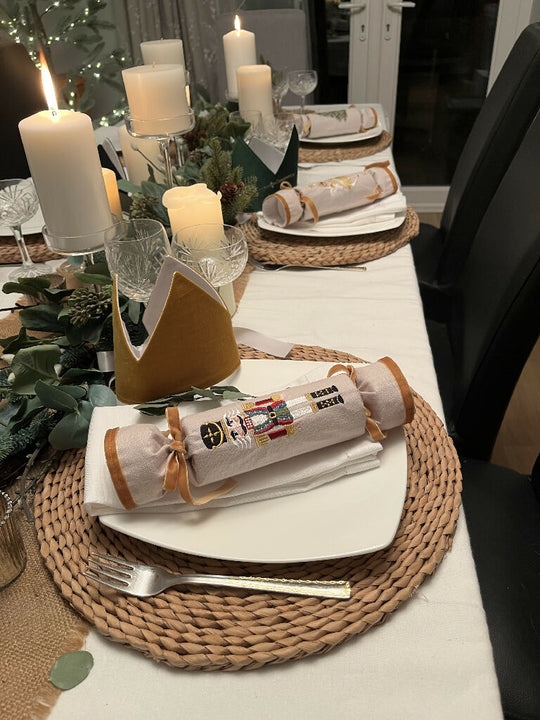 6 Deluxe Reusable Linen Christmas Crackers - Embroidered Nutcracker Design