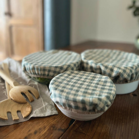 Sea Green Check Linen Bowl Covers Set