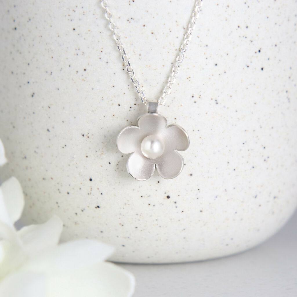 Silver Blossom and Pearl Necklace
