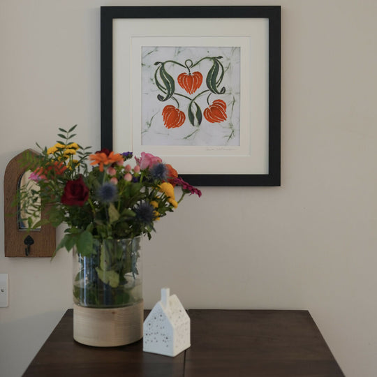 Chinese Lanterns Hand Dyed Batik Painting in Orange