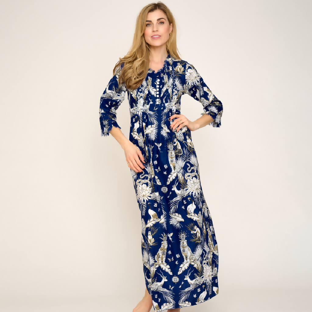 Cotton Annabel Maxi Dress in Navy Tropical