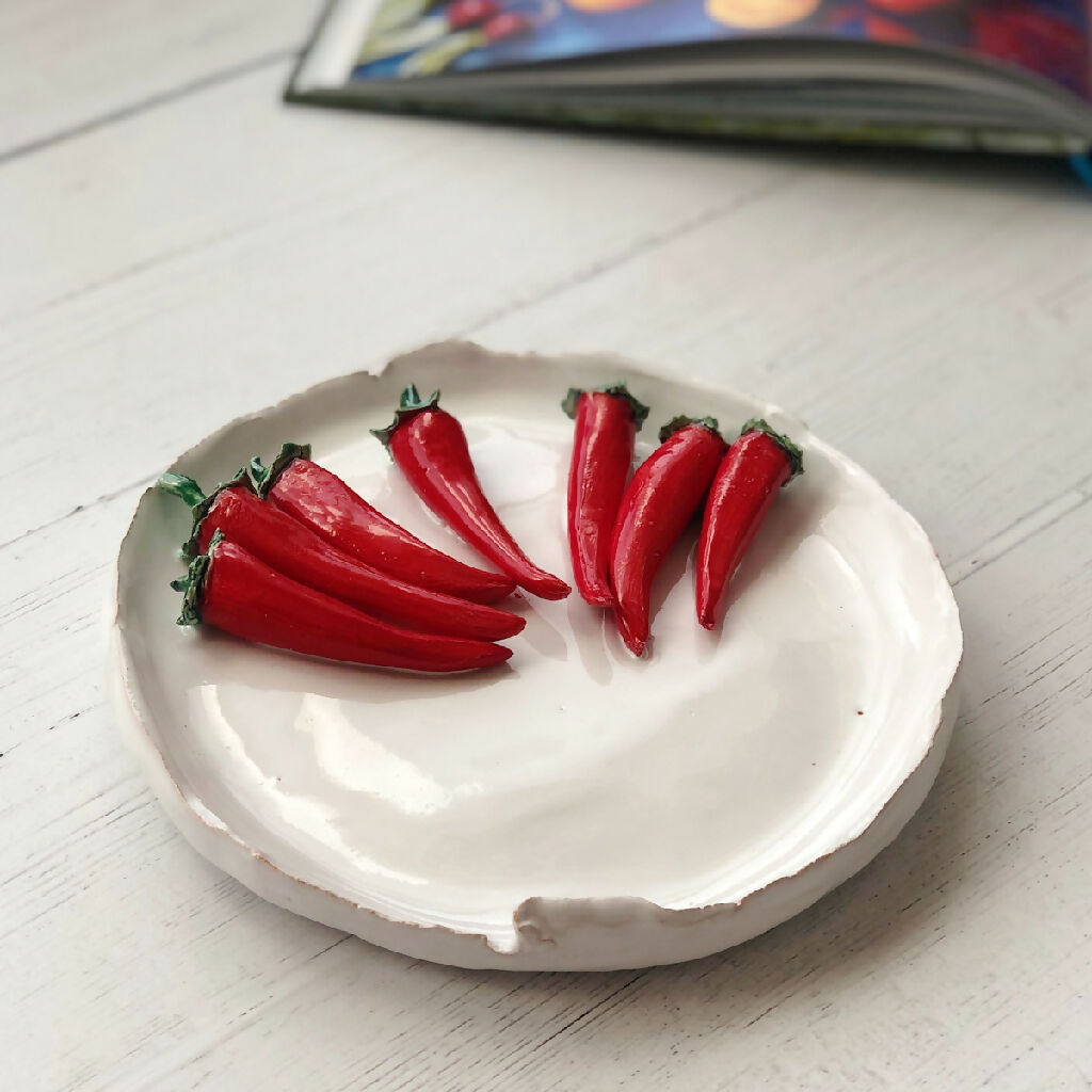 Handmade Ceramic Chillies on a Dish: Seven Chillies on a Round Dish