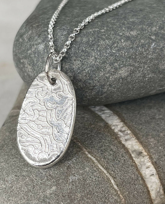 Unique recycled unisex fine silver wave pendant