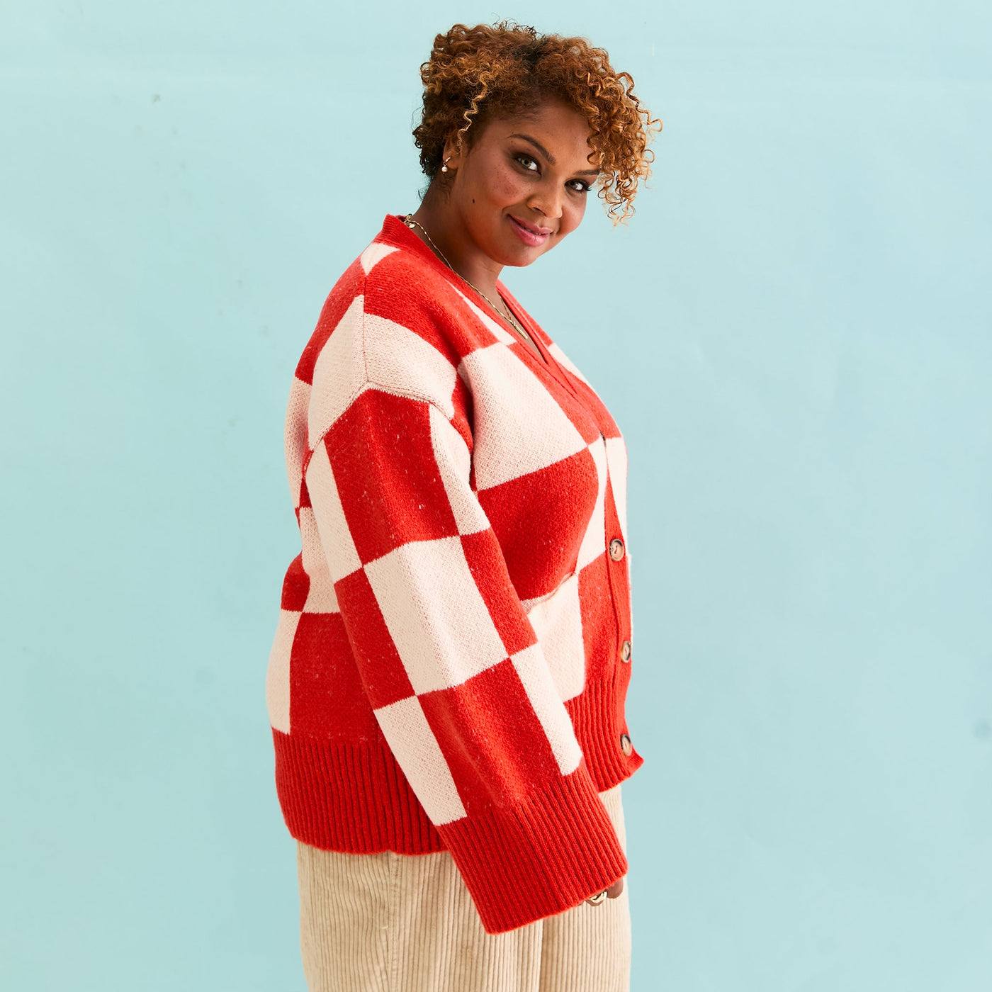 Candice Checked Wide Sleeve Cardigan - Red & White