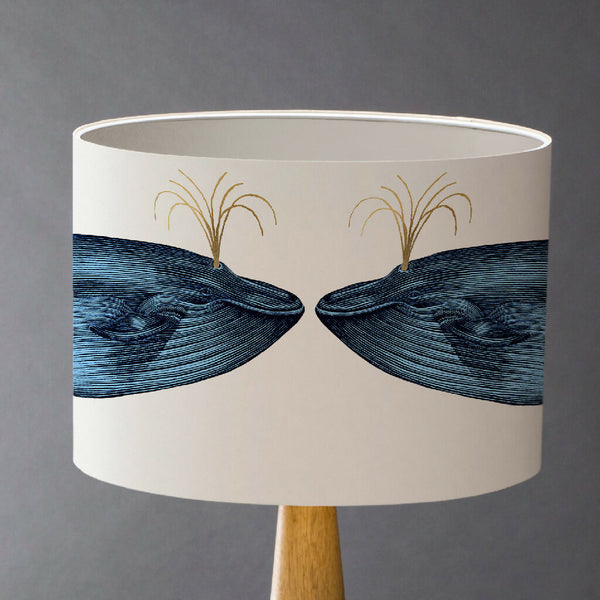 Handmade blue whale lampshade with gold detail in a country living style interior