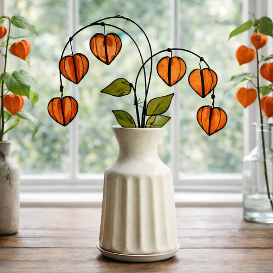 Handmade Stained Glass Chinese Lantern Stem – Autumn Orange Pods in Botanical Glass