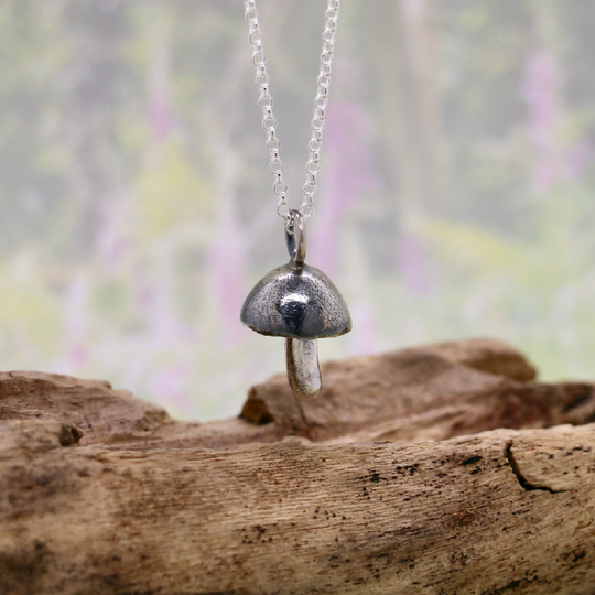 Hand-sculpted silver mushroom necklace
