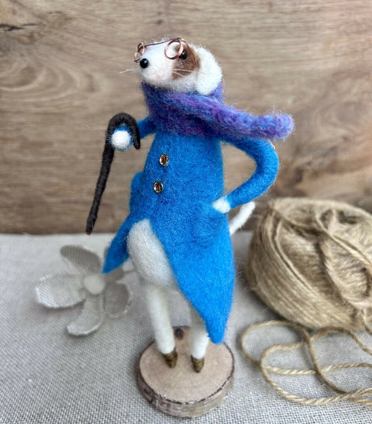 Whimsical Needle-Felted Jack Russell in Blue Coat with Cane & Scarf