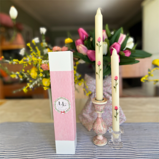 Hand painted ivory candles with a single Rose bud design - set of two