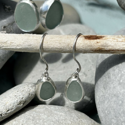 Aqua Soft Blue Seaglass & Silver Earrings