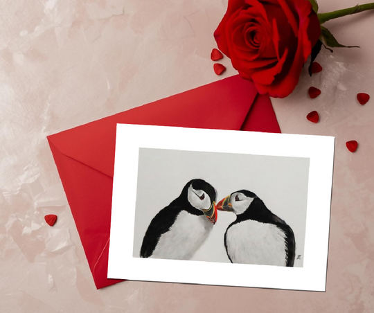 Puffin pair Valentine's card (1 of 2 designs), A6 size, blank inside