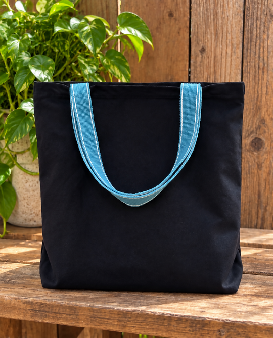 Handmade Black Organic Cotton Tote Bag with Zip Pocket