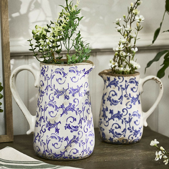 Traditional Solene Blue Botanical Pitcher Jug Decorative Flower Pot Planter