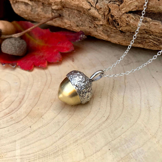Chunky Silver & Brass Acorn Necklace