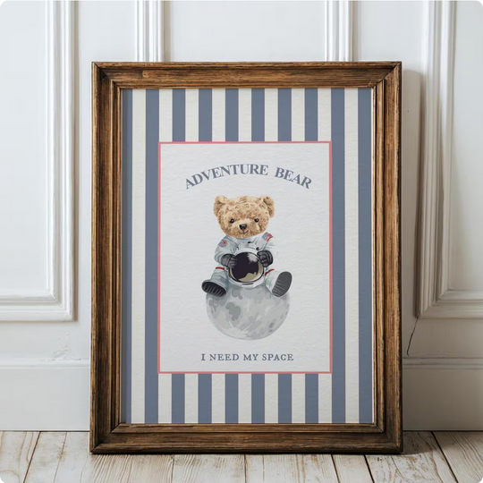 Adventure Bear Print Astronaut Striped Wall Art