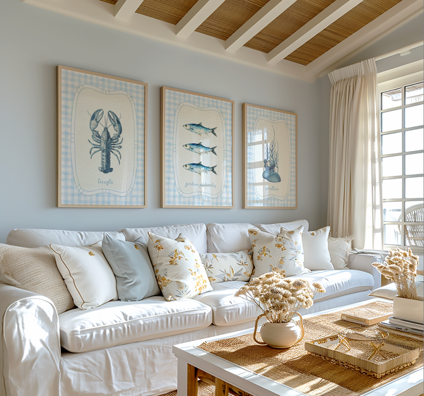 Sardines, Lobster & Coral Wall Art. Gallery Print Set of 3 - Denim Blue