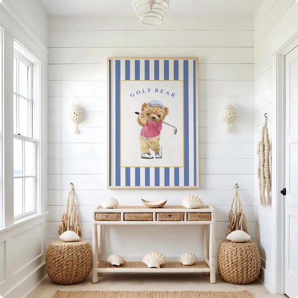 Golf Bear Artwork on Striped Wallpaper Background