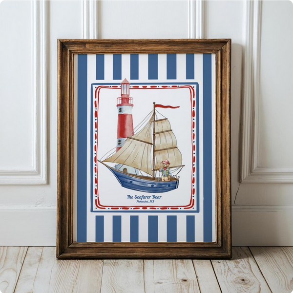 Nantucket Sailing Bear, Vintage Striped Bear Print