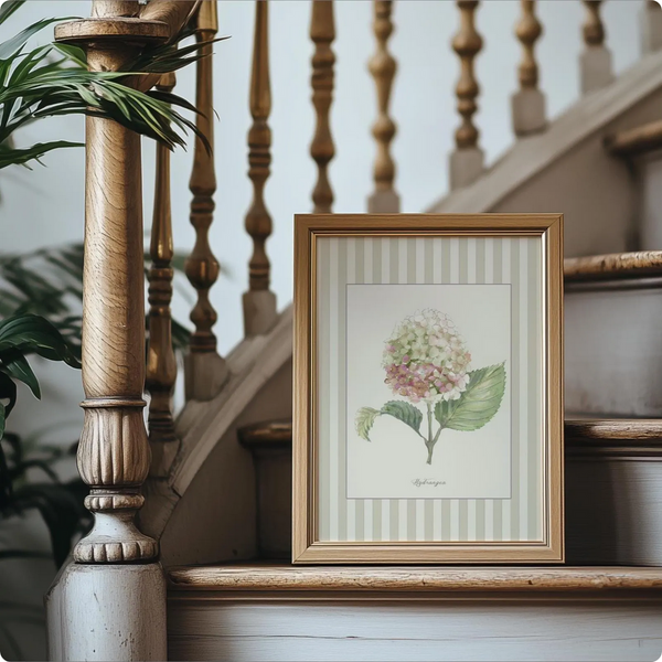 Hydrangea Watercolor Print on Striped Background
