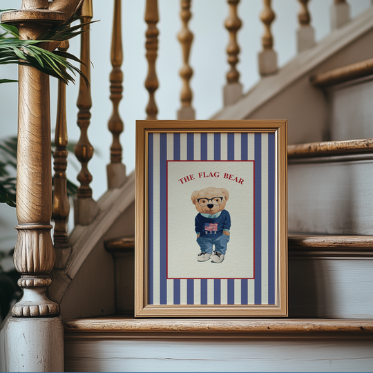 Vintage Flag Bear Wall Art, Watercolor Preppy Teddy Bear Illustration