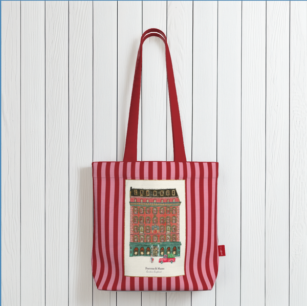Everyday Tote Bag, Fortnum & Mason Storefront Illustration, London Store Watercolor Artwork on Striped Background
