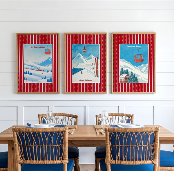Set of 3 Gallery Prints, Winter Resorts Illustration, Wall Art Set Aspen, St. Anton, Courchevel