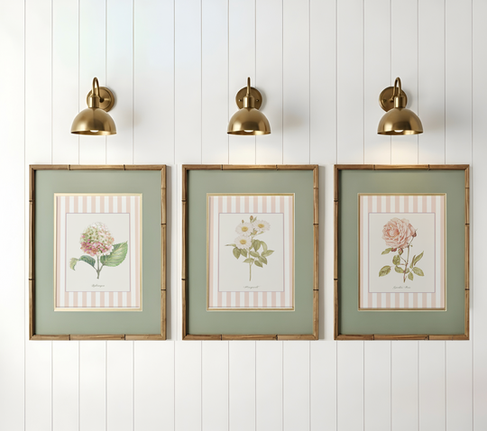 Vintage Watercolor Flowers Set of 3, floral artwork framed with a rose striped border, Wildflower Watercolor Illustrations