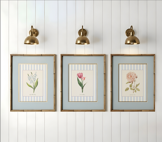Blue Stripe Set of 3 Vintage Watercolor Flowers, Garden Rose, Lily of the Valley and Sunset Tulip