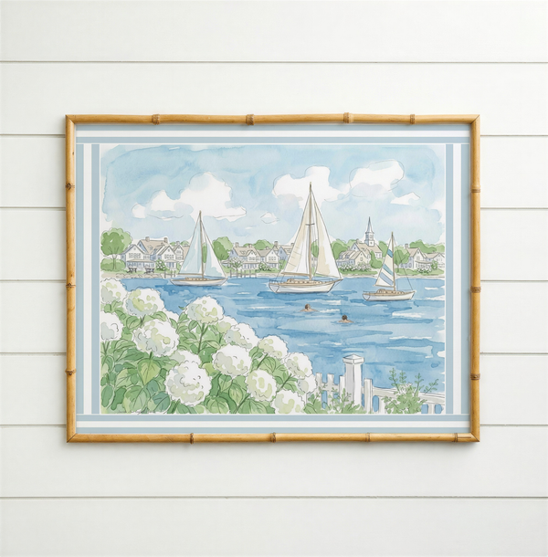 Seaside New England Watercolor Print Coastal Wall Art New England Beach House Decor Nautical Harbor Artwork